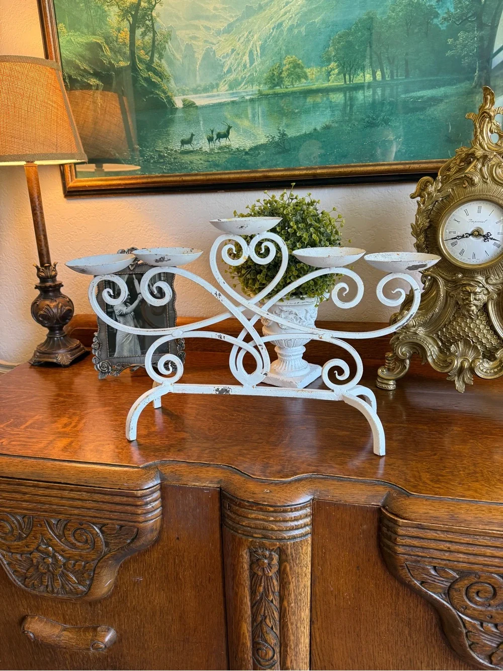 Vintage Cast Iron White Farmhouse 5-Arm Candle Holder with Genuine Patina